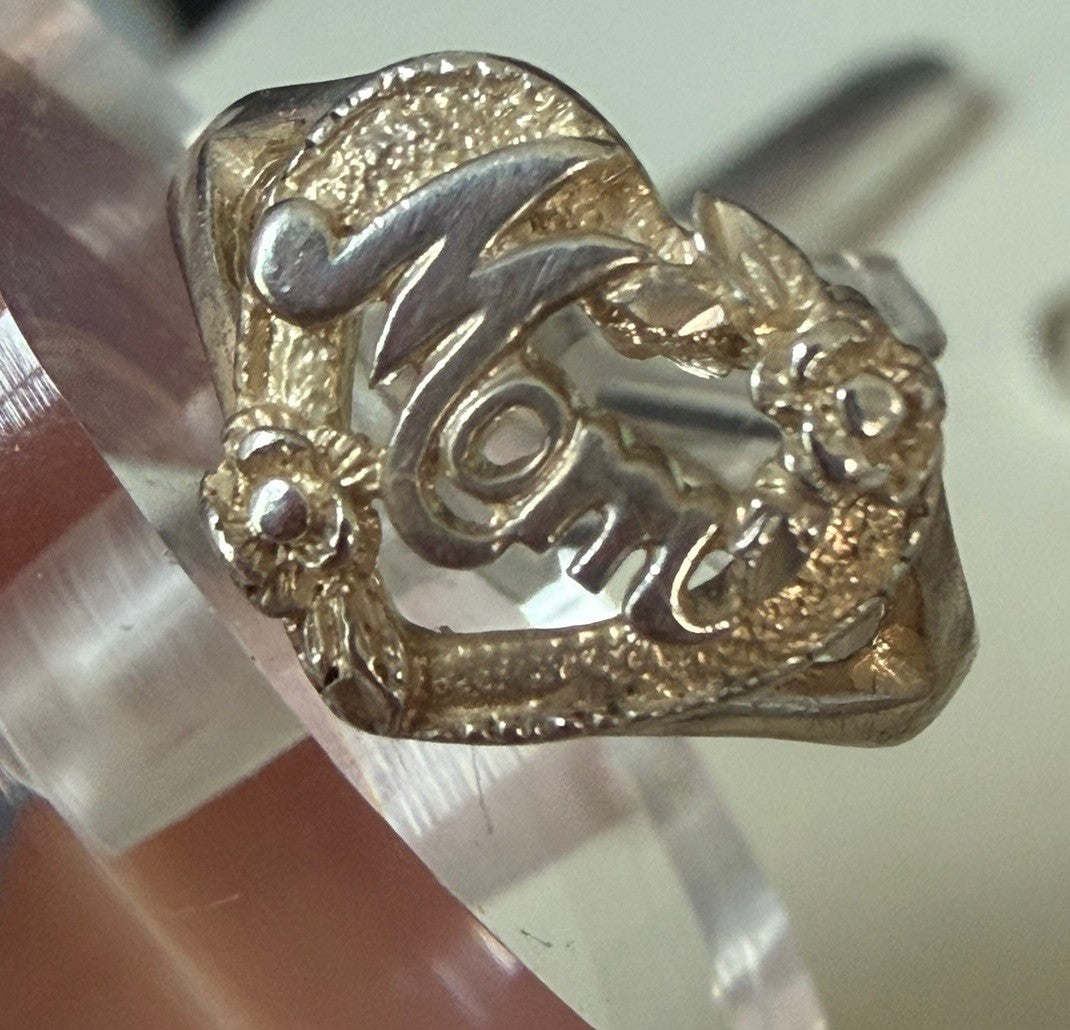 Peru 925 Sterling Silver Engraved “Mom” Heart Band Ring Signed Sz 7 