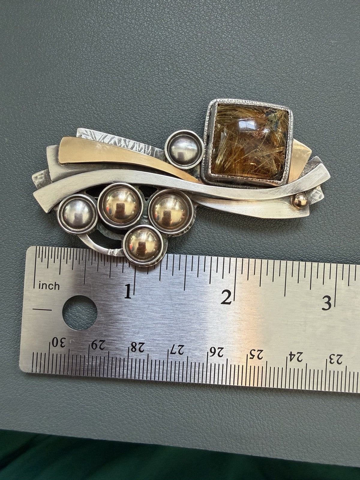 Patricia Karnes Stinson 14K Sterling Silver Rutilated Quartz Brutalist Brooch