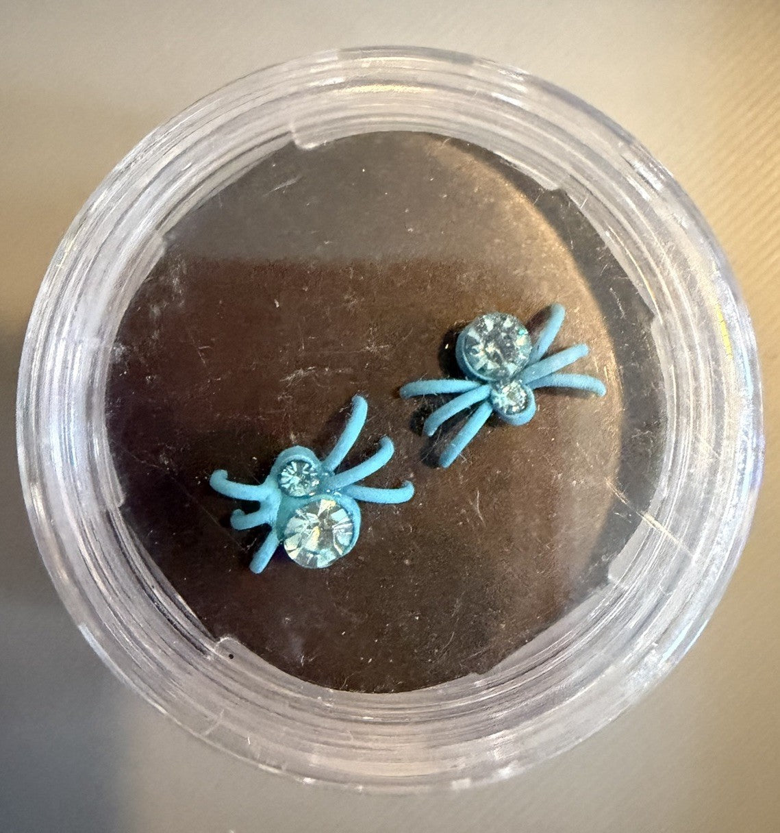 Cute Blue Enamel Spider Earrings with Blue Rhinestones Bug Insect Dainty