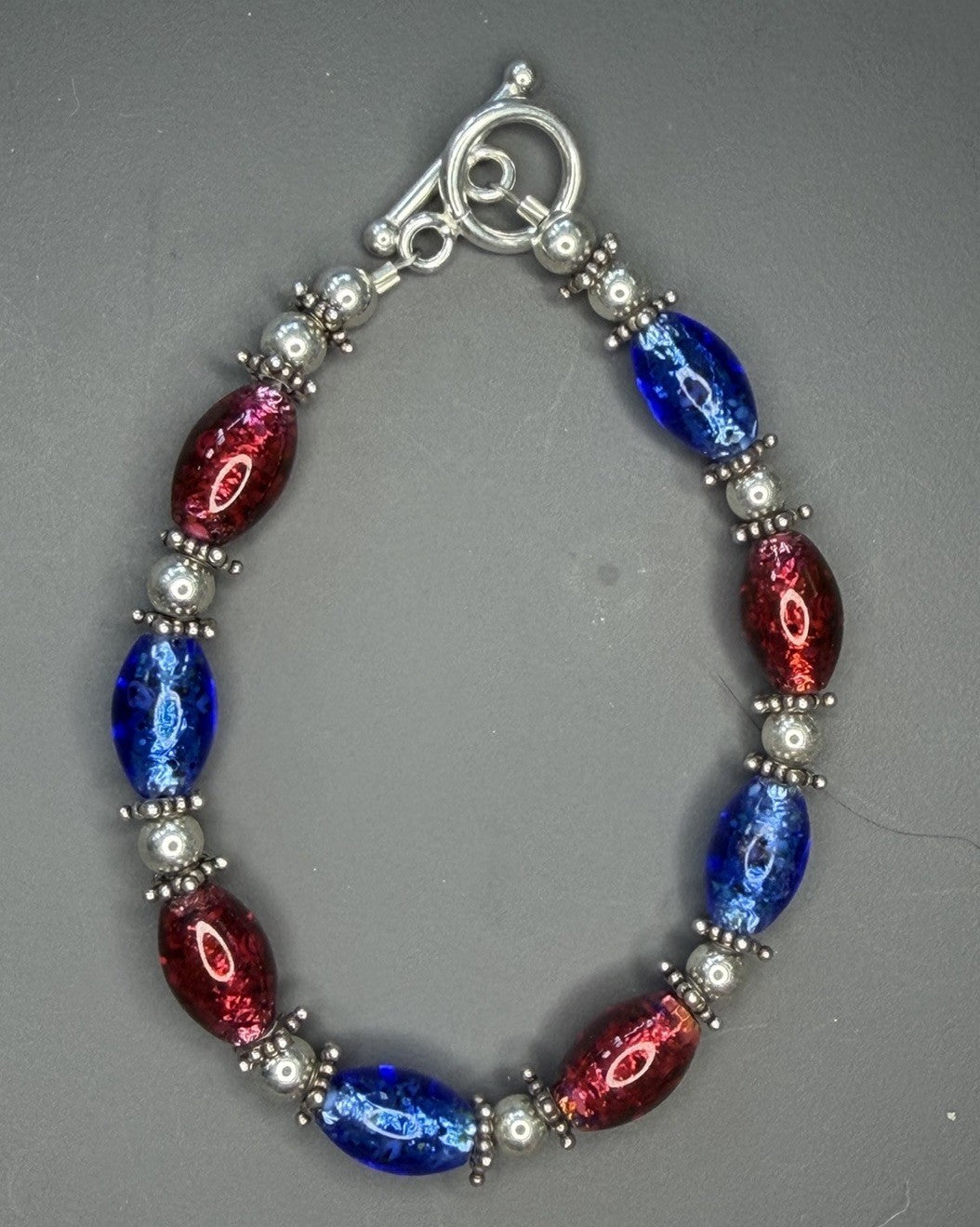 Patriotic USA Red White Blue Art Glass Style Bracelet Sterling Silver Toggle
