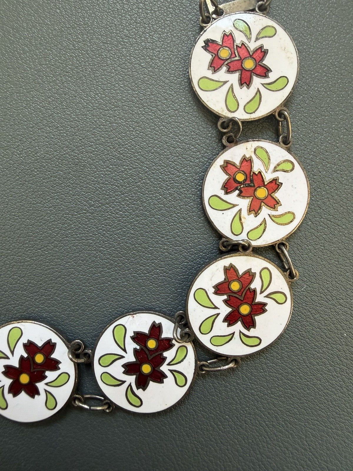 Vintage Enamel Floral Link Bracelet Round Disc Panels Multicolor Snap Closure