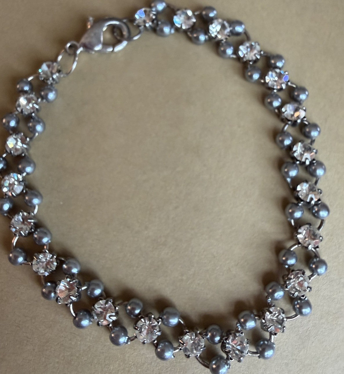 Vintage Silver Tone Gray Beaded Tennis Bracelet Clear Crystal Lobster Closure