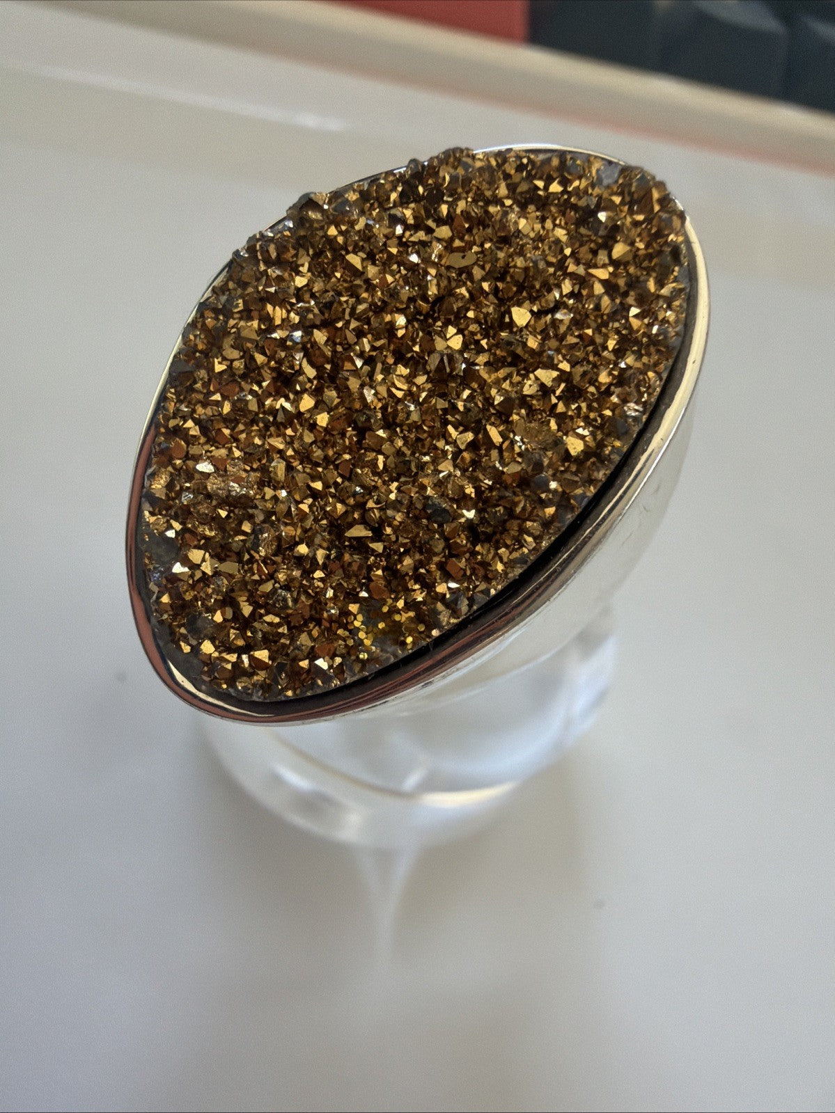 Large Christine Darren Silver tone Freeform Gold Color Drusy Quartz Ring. Sz8.75