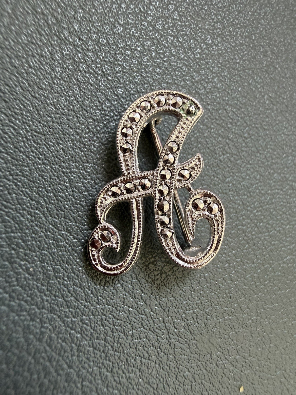 Vintage Sterling Silver Marcasite 925 A Initial H Brooch 1” X  3/4"