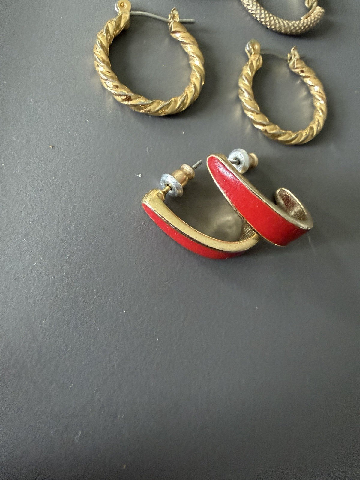 3 Pairs of Vintage Gold Tone Earrings, Hoops  Huggies Red Enamel Beautiful