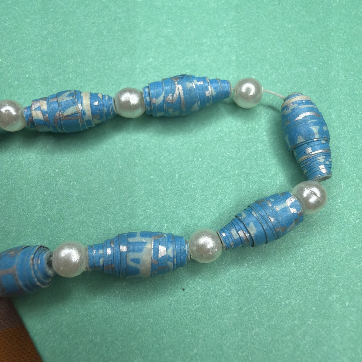 Vintage Blue Wrapped Paper Beaded Necklace With White bead accents 24inch