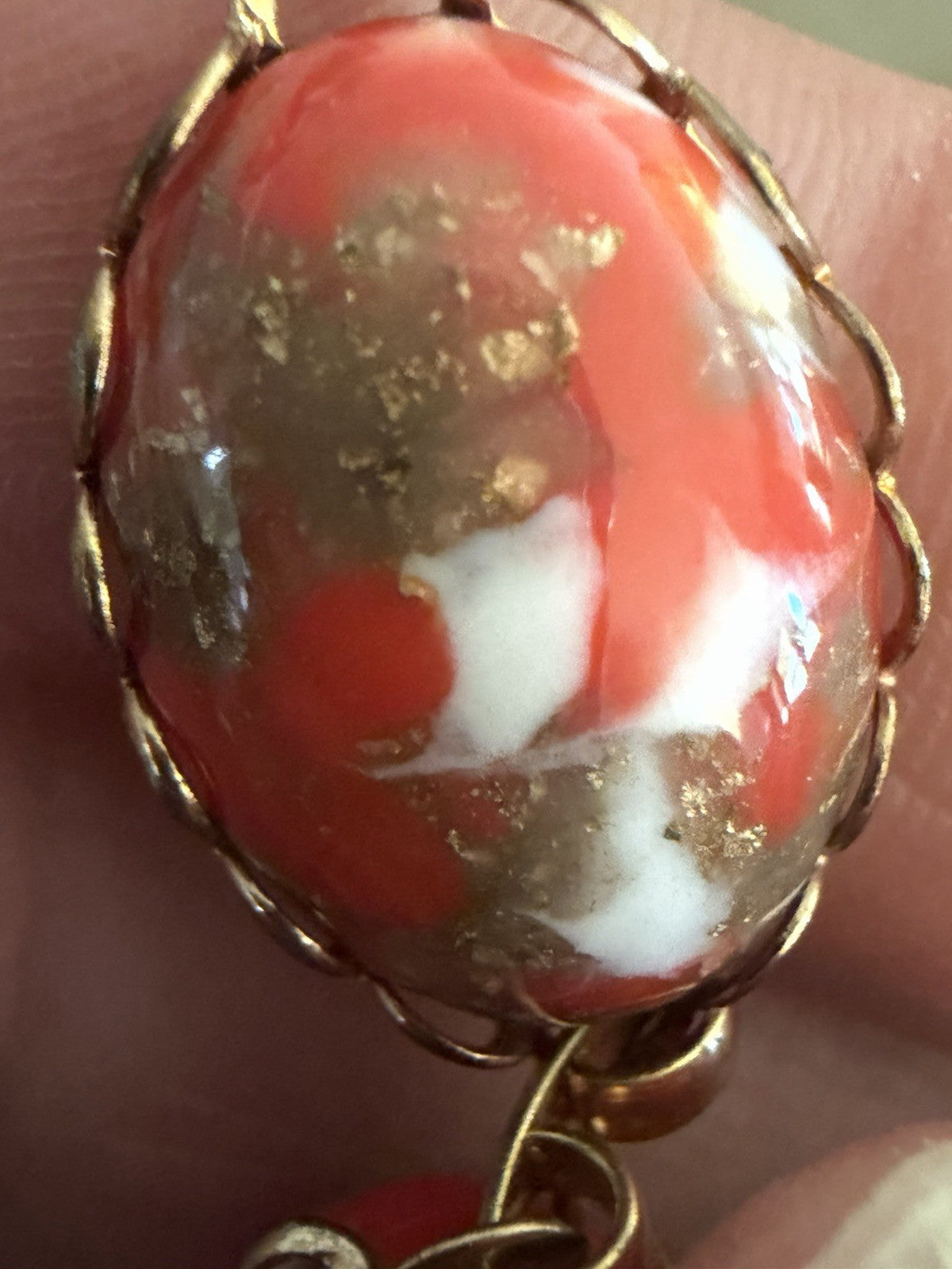 Gold Tone Vintage Oval Glowing Confetti Cab Orange/red/gold Bracelet & Earrings