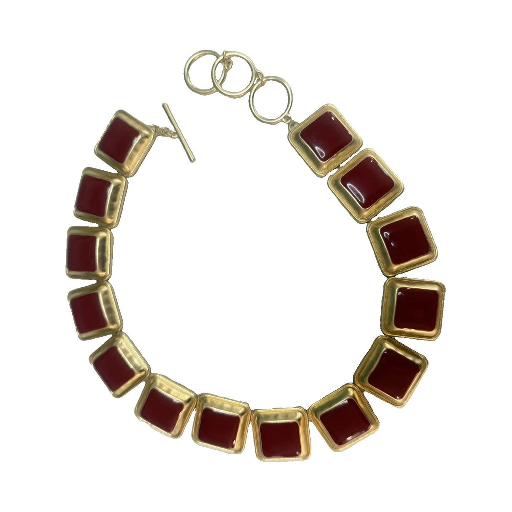 Vintage Red Cabochon Gold Tone Square Link Toggle Bracelet Statement Jewelry