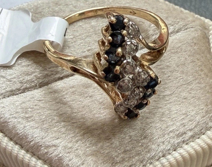 Vintage NOS 10K Gold Blue Sapphire Diamond Cluster Cocktail Ring Sz 5.75-6