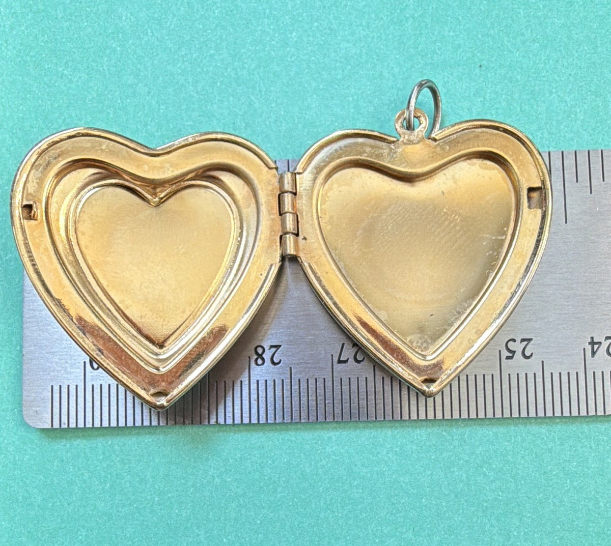 Vintage Gold Tone Layered Double Heart Locket Pendant Rhinestone 1”