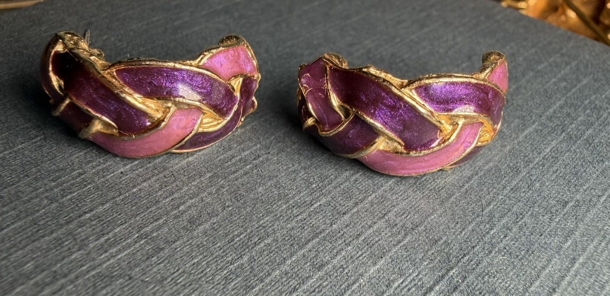 Vintage Purple & Pink Enamel Pierced Earrings, SIGNED Made In USA