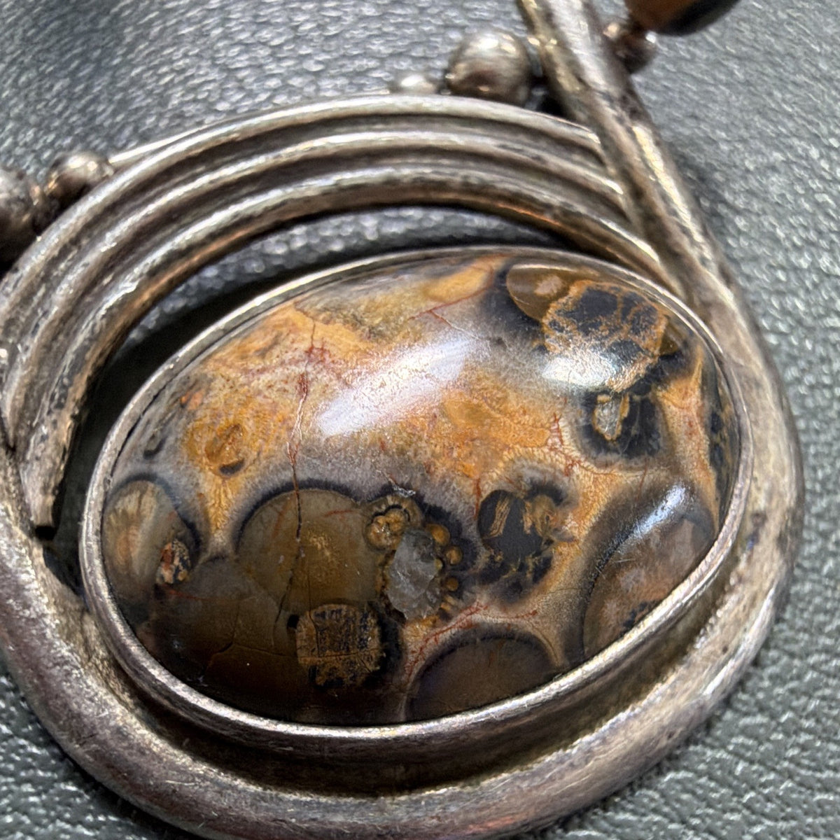 Vintage 925 Sterling Silver Leopard Skin Jasper Pendant Beaded Necklace Artisan