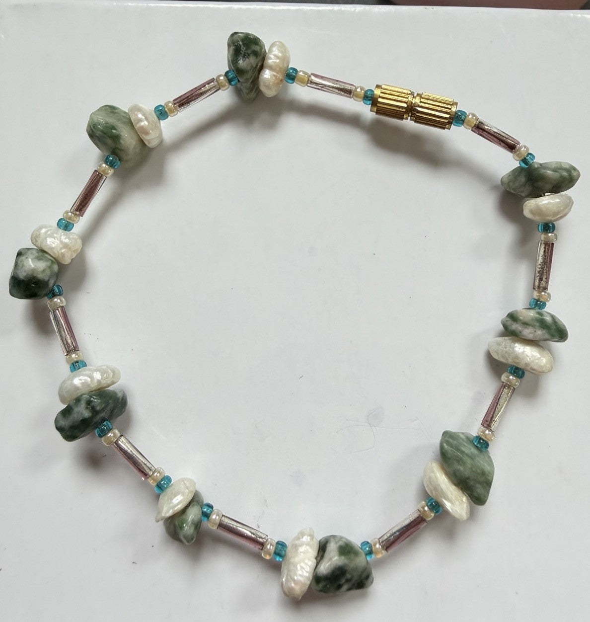 Dainty Pearl And Jadeite (?) Bracelet With Barrel Clasp