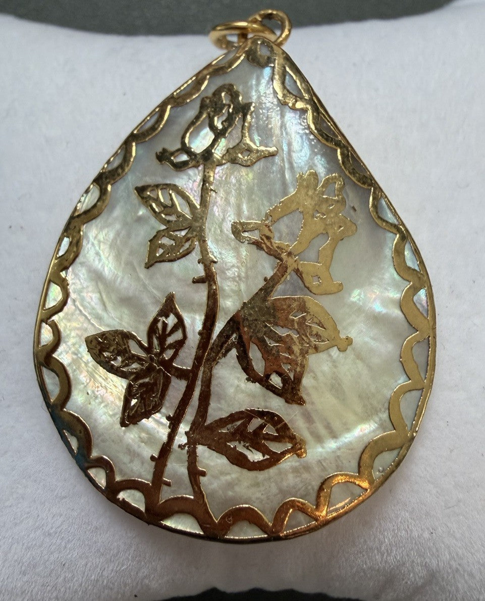 Vintage Abalone Seashell Necklace Pendant Gold Plated Overlay Roses Dipped