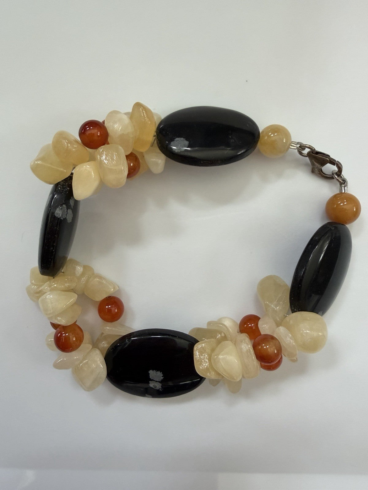 VTG 925 Lobster Clasp Agate, Onyx, Carnelian Natural Polished Gemstones Bracelet