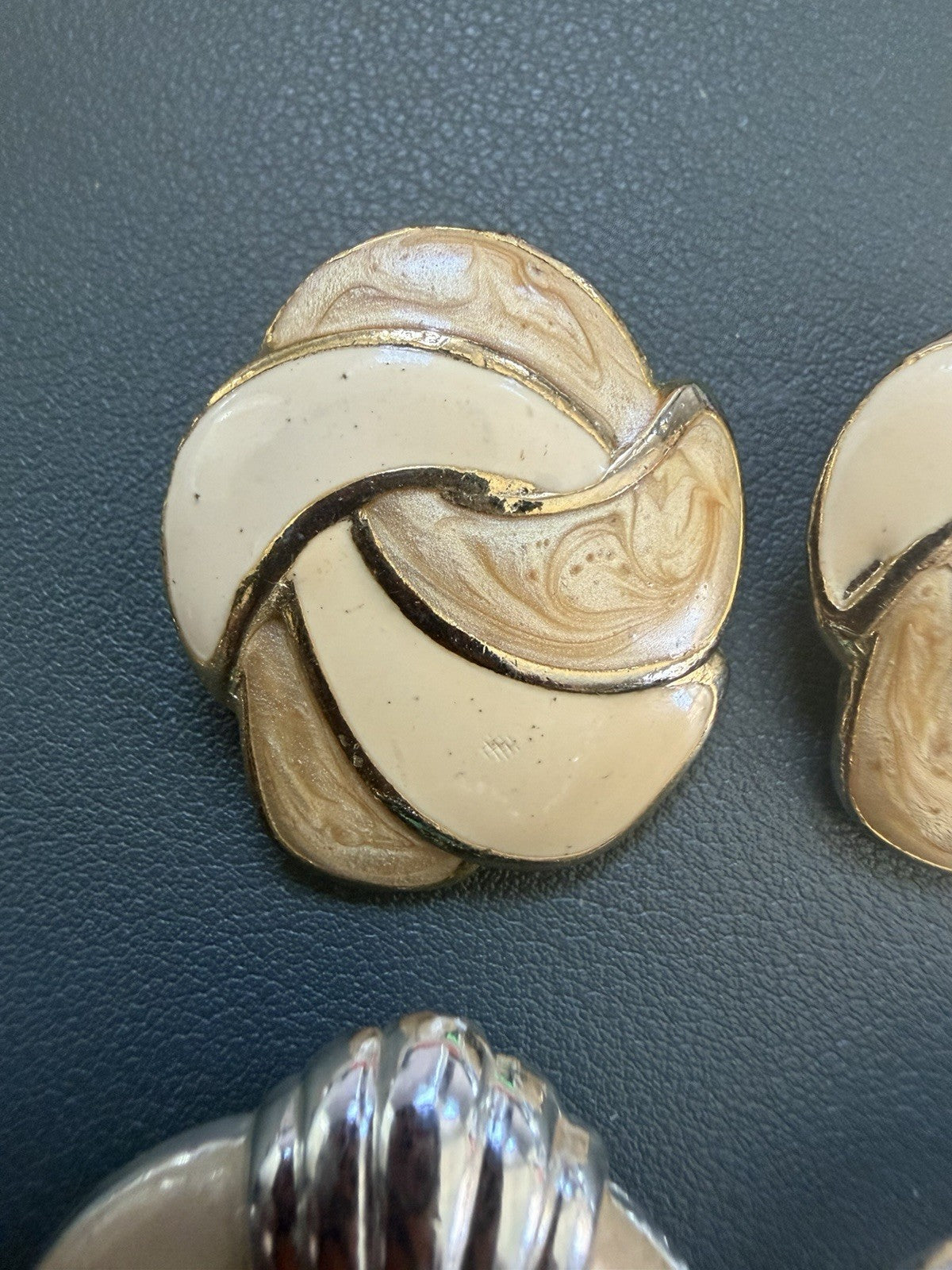 Vintage Enamel Cream Swirl Earrings + Marbled Beige Gold Tone Pair Earring Lot