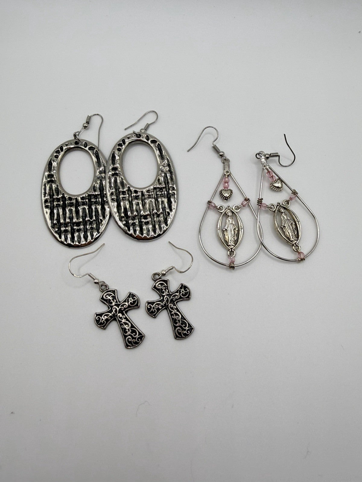 Lot Of 3 Silver Toned Religious Cross Earrings - Bundled