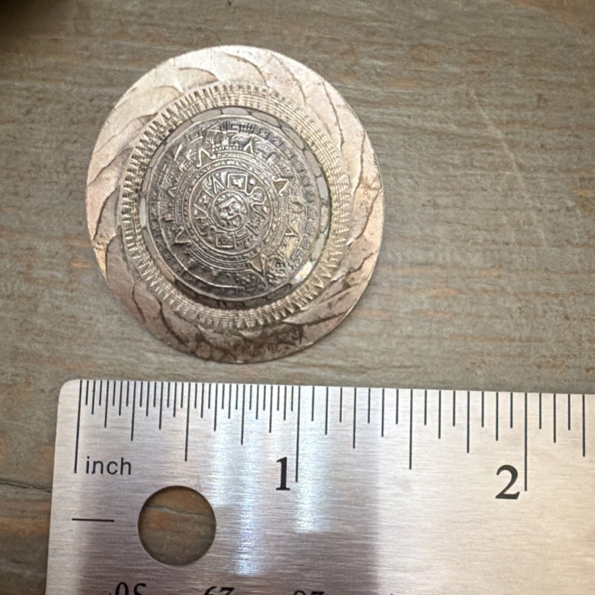 925 Sterling Silver  Vintage Mayan Aztec Sun Calendar Shiny Brooch Pin  