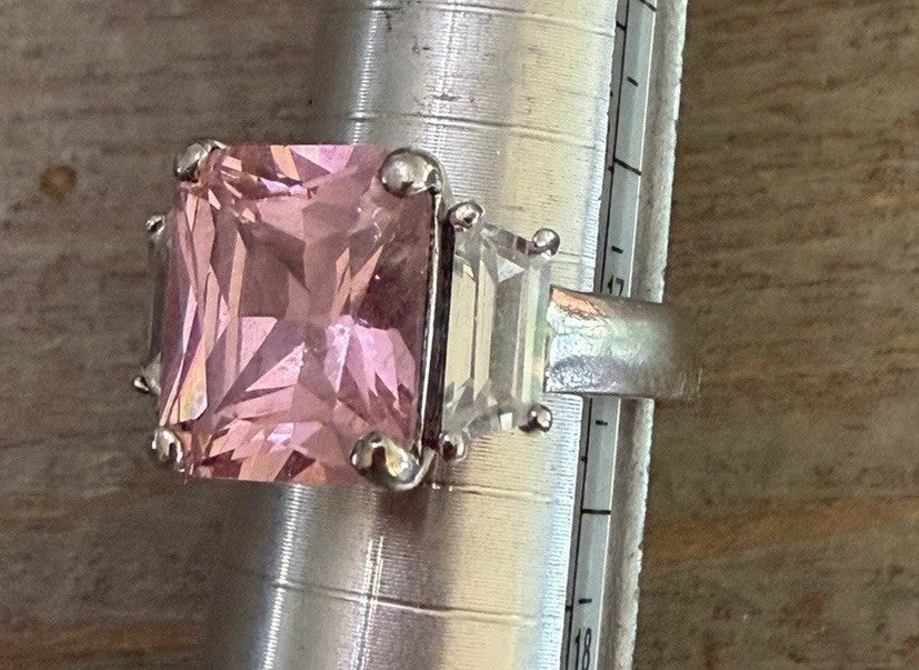 Pink Tourmaline Emerald Cut Ring Sterling Silver 925 Baguette Statement Ring