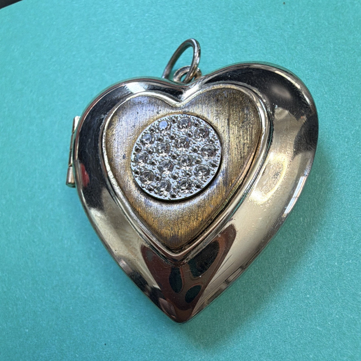 Vintage Gold Tone Layered Double Heart Locket Pendant Rhinestone 1”