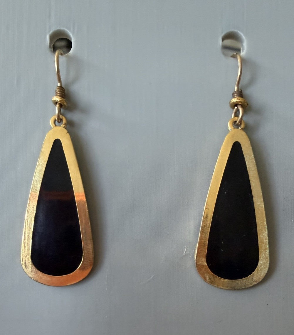 Vintage Laurel Burch Gold Toned & Black Pierced Hook Earrings 1980s