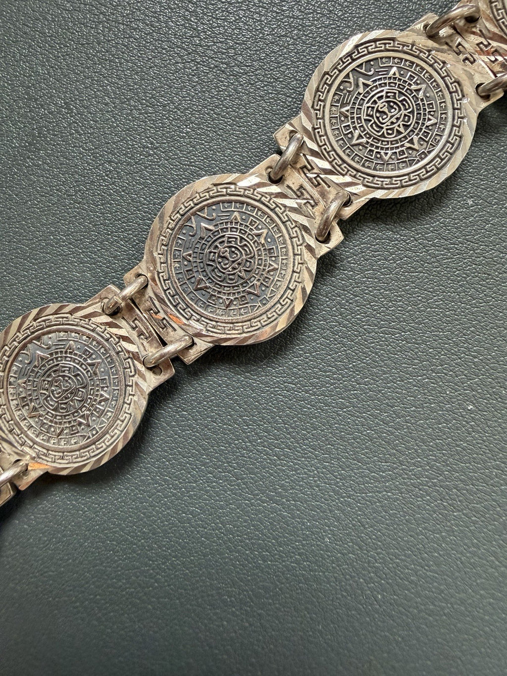 Vintage Taxco Mexico 950 Silver Aztec Calendar Link Bracelet 48g Signed