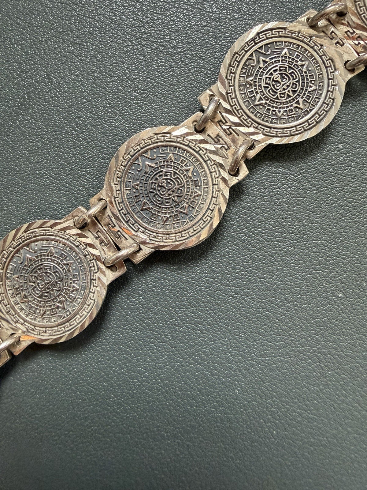 Vintage Taxco Mexico 950 Silver Aztec Calendar Link Bracelet 48g Signed