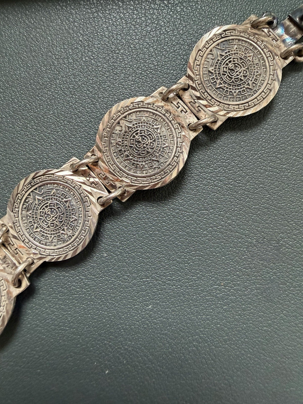 Vintage Taxco Mexico 950 Silver Aztec Calendar Link Bracelet 48g Signed