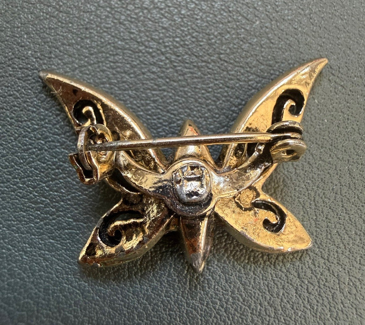 Vintage Gold Tone Petite Butterfly Marquise Cut Orange Gem Stone Brooch Pin