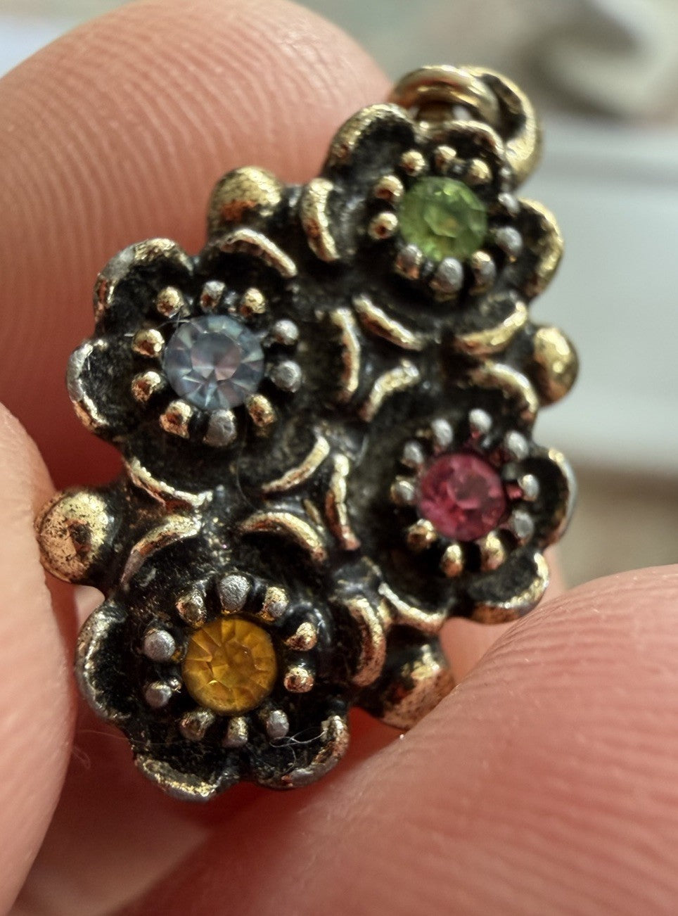 Vintage Signed EMMONS Multicolor Rhinestone Flower Charm Brass Pendant
