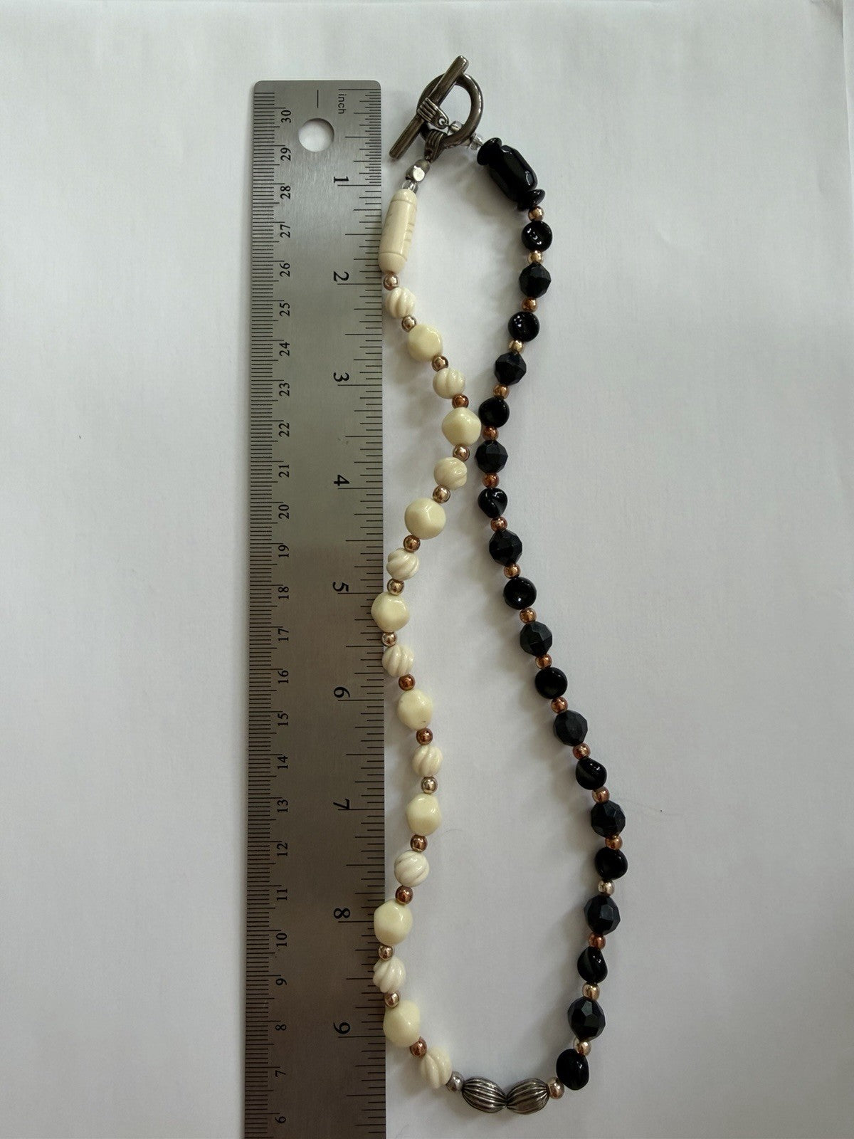 Vintage Black & White Swirl Beaded Necklace Silver Tone Spacers Toggle Clasp
