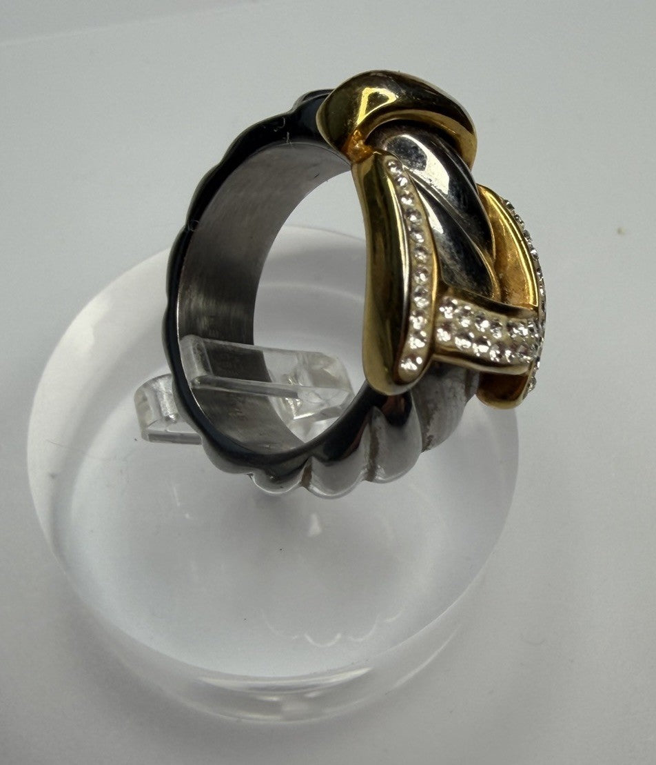 Stainless Steel Pave Rhinestone Buckle Ring Silver/Gold Tone Sz7