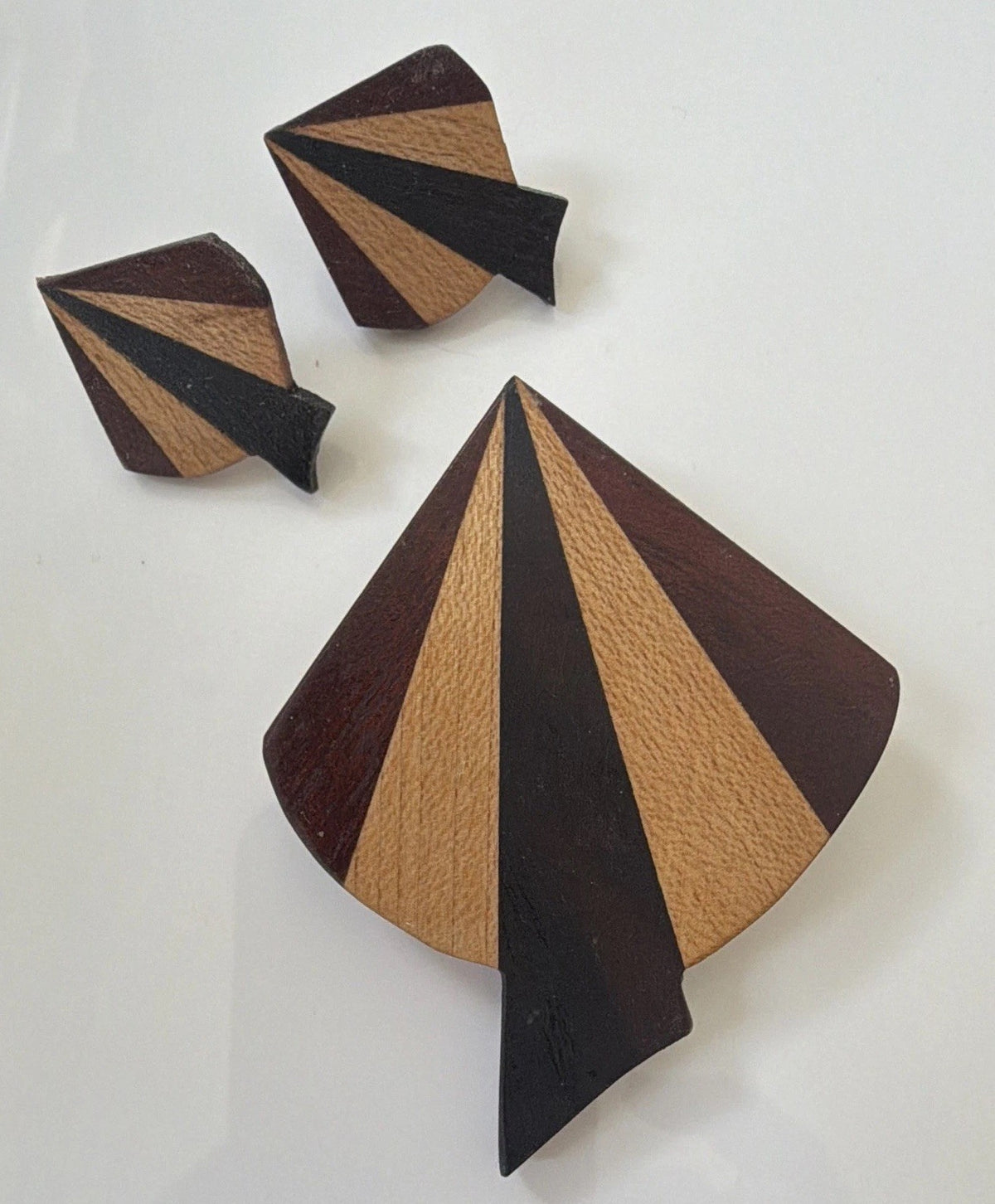 Geometric Art Deco Wood Inlay Asymmetrical Brooch & Earring Set Brown Black 3pc