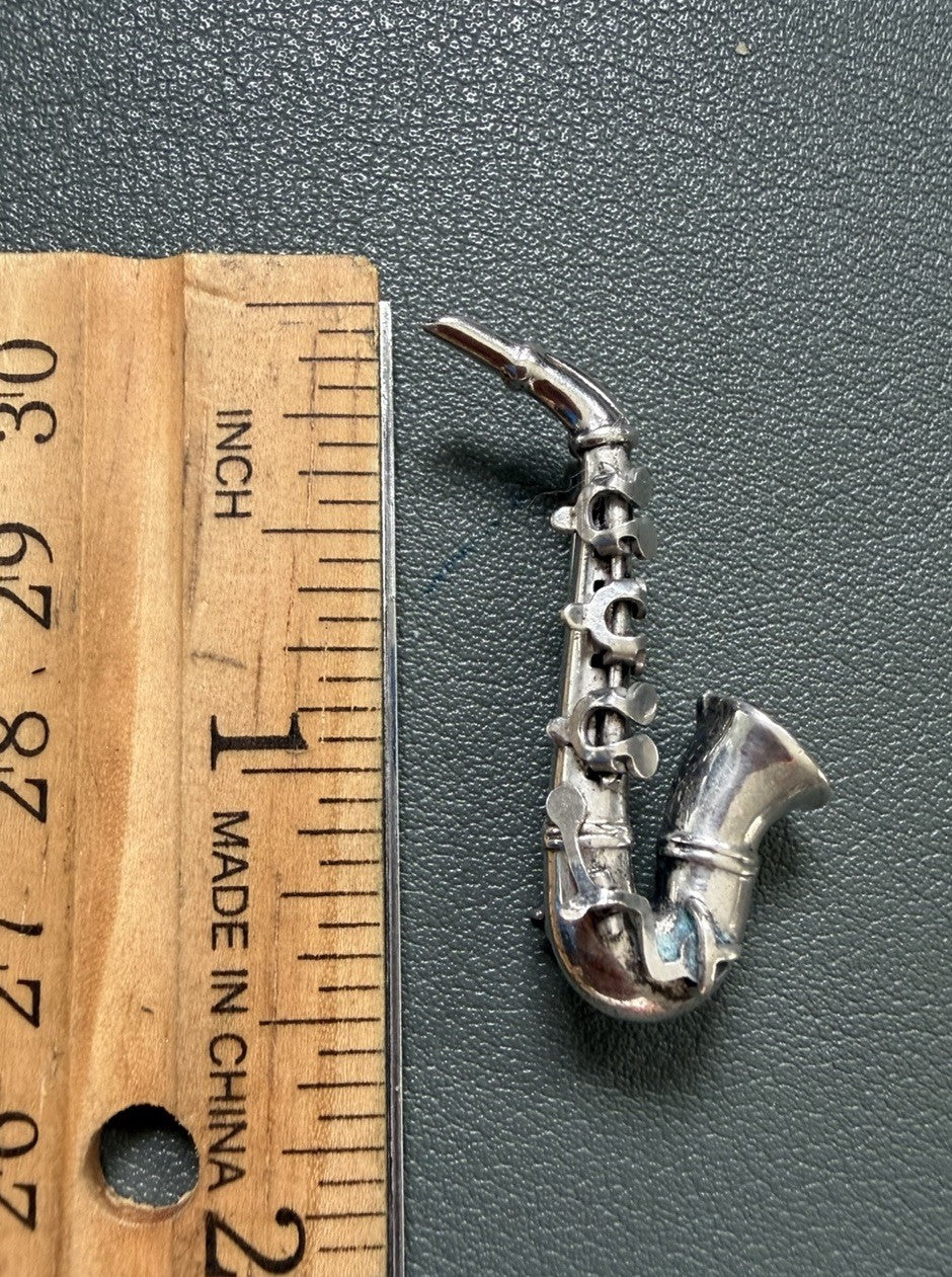 SAXOPHONE BLUES JAZZ 925 STERLING SILVER BIKER ROCKABILLY GOTHIC Brooch PENDANT