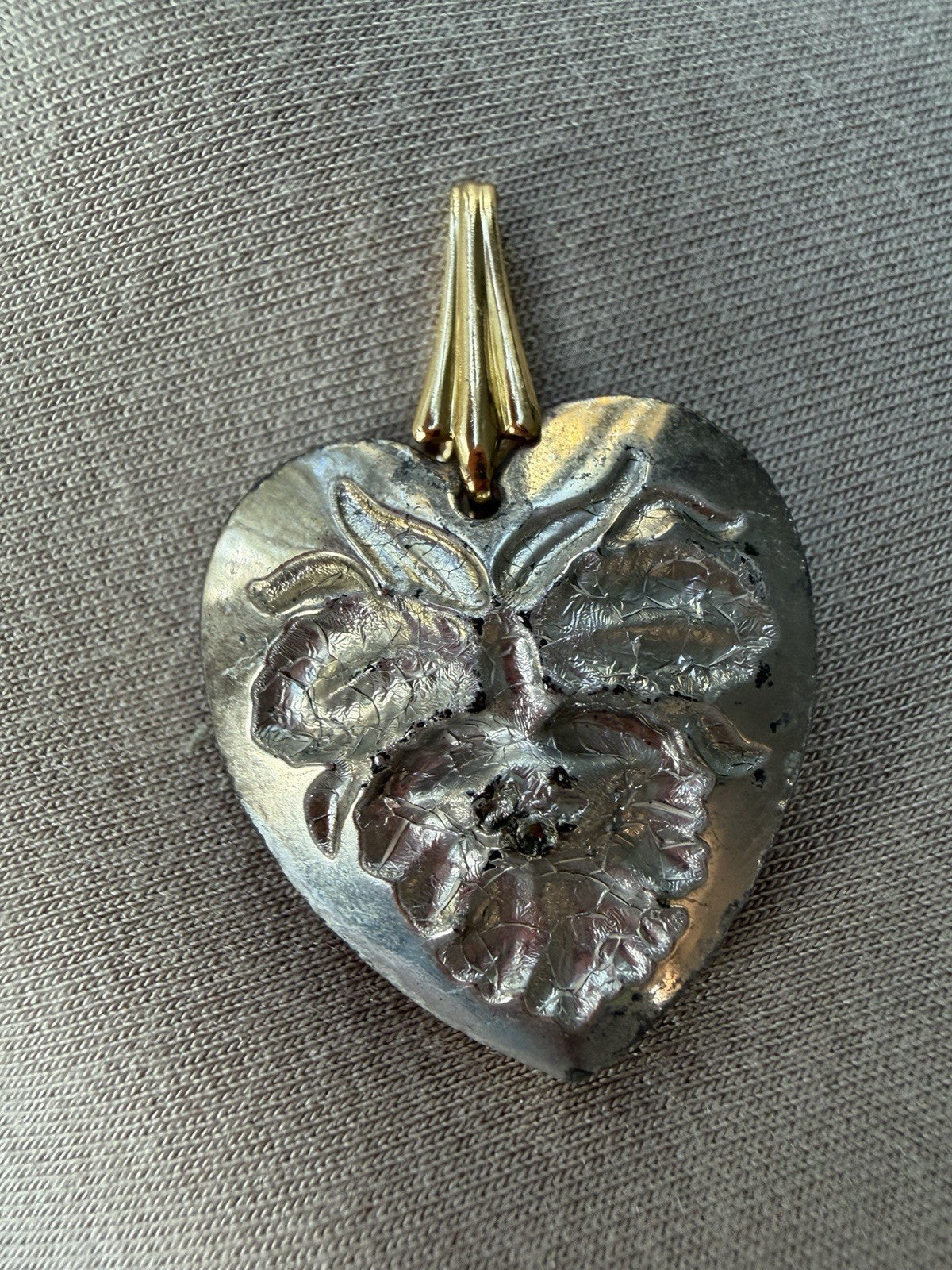 Vintage Orchid Flower Reverse Carved Glass Heart Pendant 