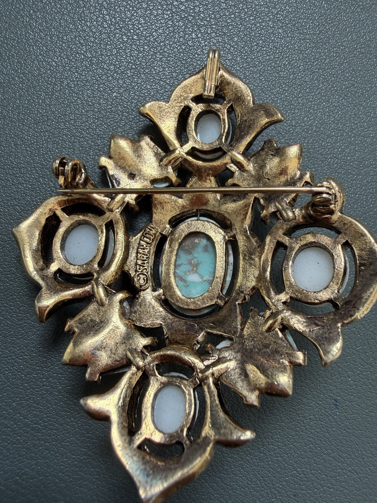 Large Vtg  2.5" Sarah Coventry Gold Tone Brooch Pendant Faux Pearls Turquoise