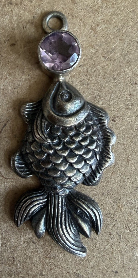 Vintage Fish Charm Sterling Silver 925 Amethyst Pendant  Approx. 1.5 Inch