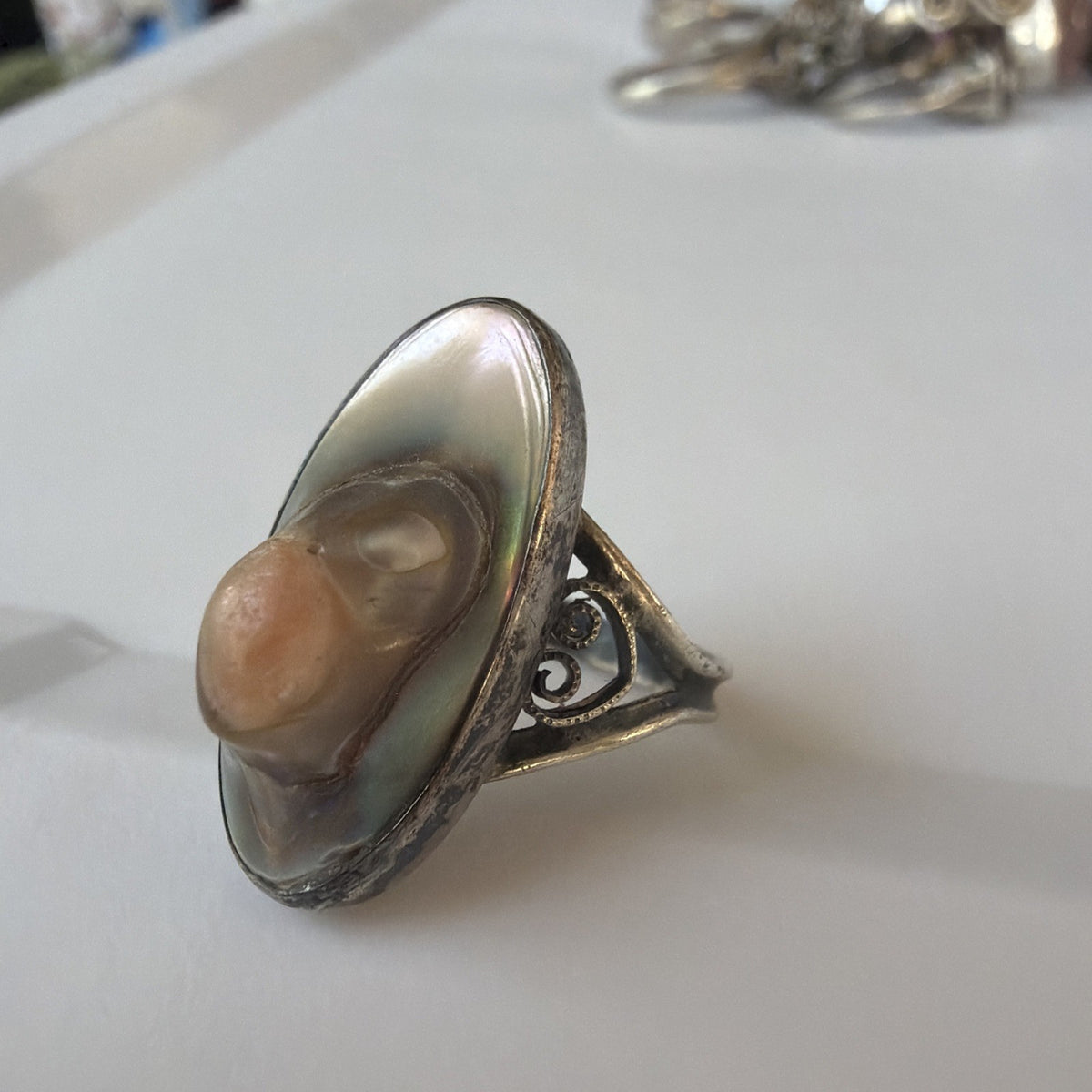 Antique Art Nouveau Abalone Blister Pearl Ring - Sterling Silver Oval 925 Sz 5.5