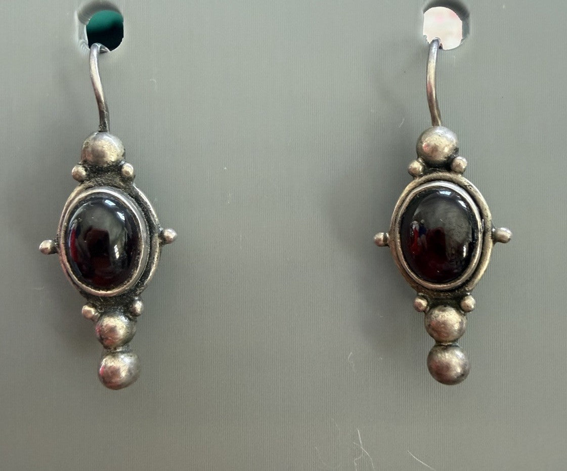 Vintage Native Style Sterling Silver 925 Garnet Cab Dangle Earrings