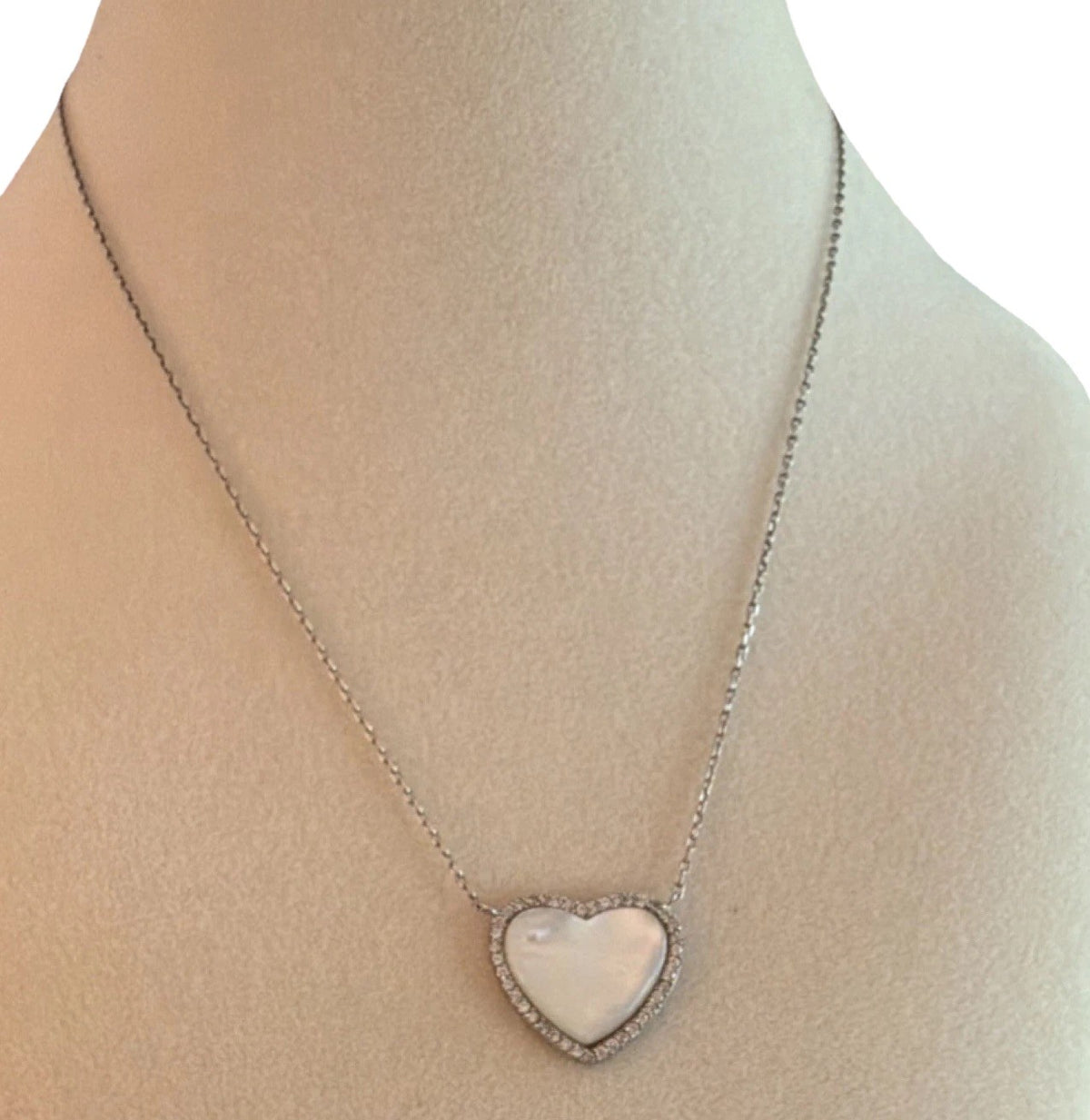 Sterling Silver 925 Heart MOP and Diamond/Clear Stone 925 Chain Necklace
