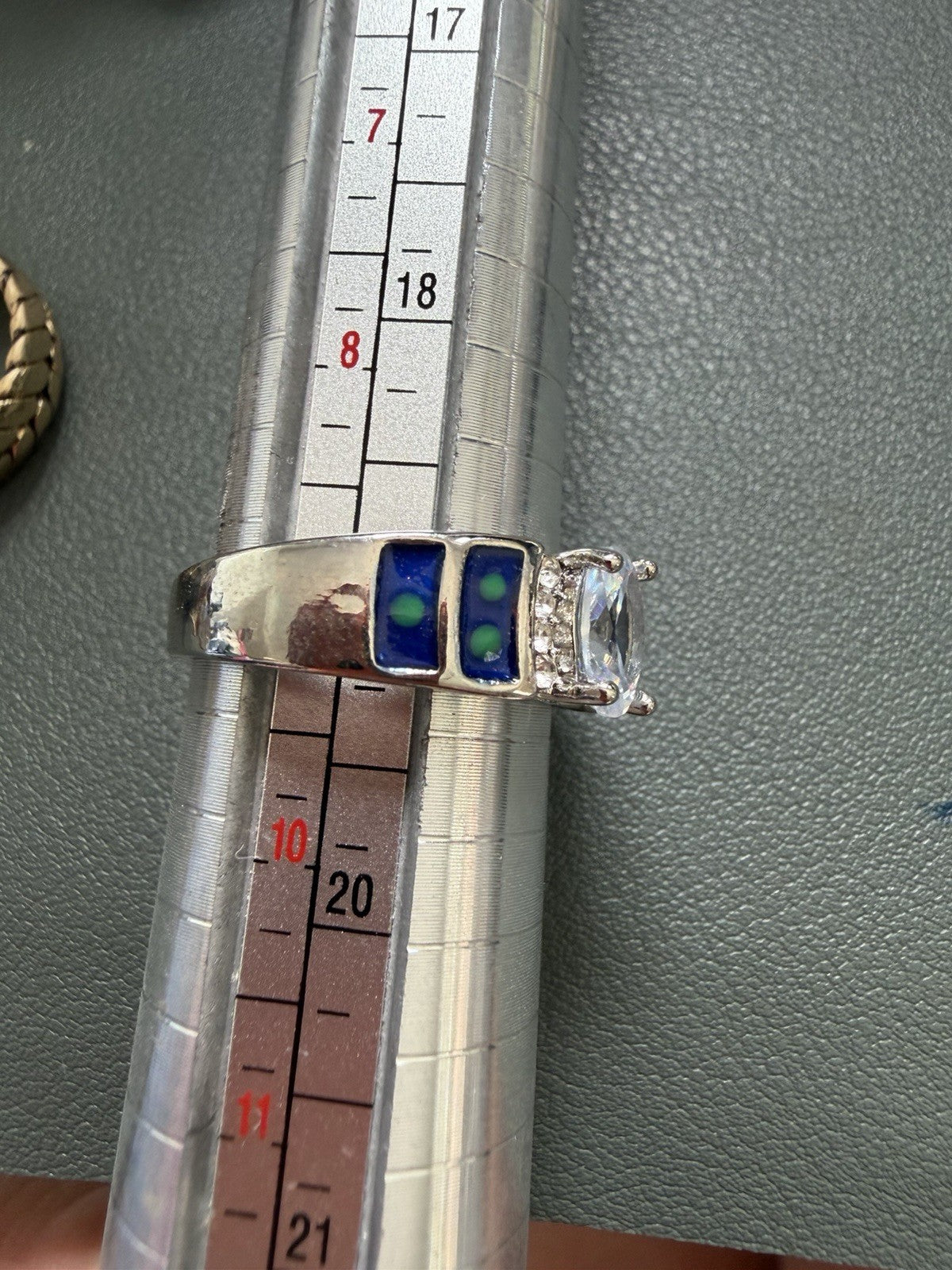 Silver Tone Ring Oval Clear Stone Blue Accents Prong Setting Band Sz 9.25