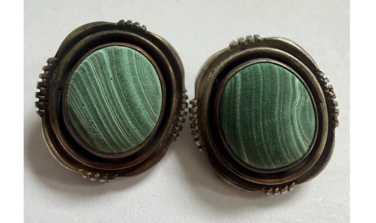 Native Style S925 Silver Malachite Large Oval Bezel Clip-On Earrings Signed SJ