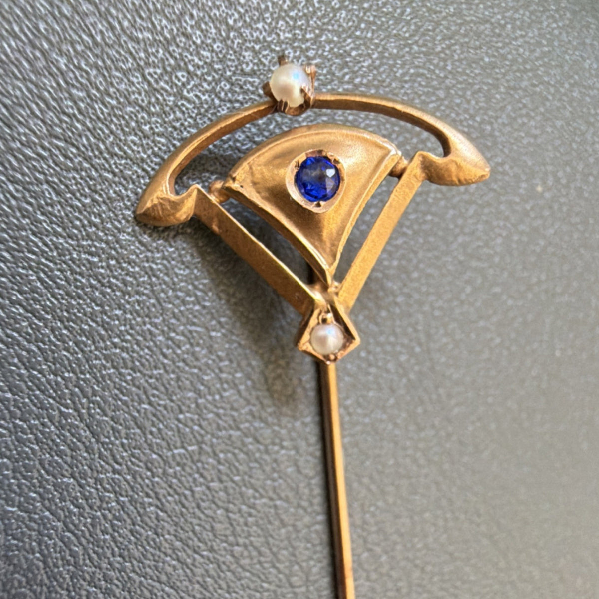 10K Gold Art Nouveau Hatpin Hat Pin Stick Pin w/ Blue & Clear Stone Accent