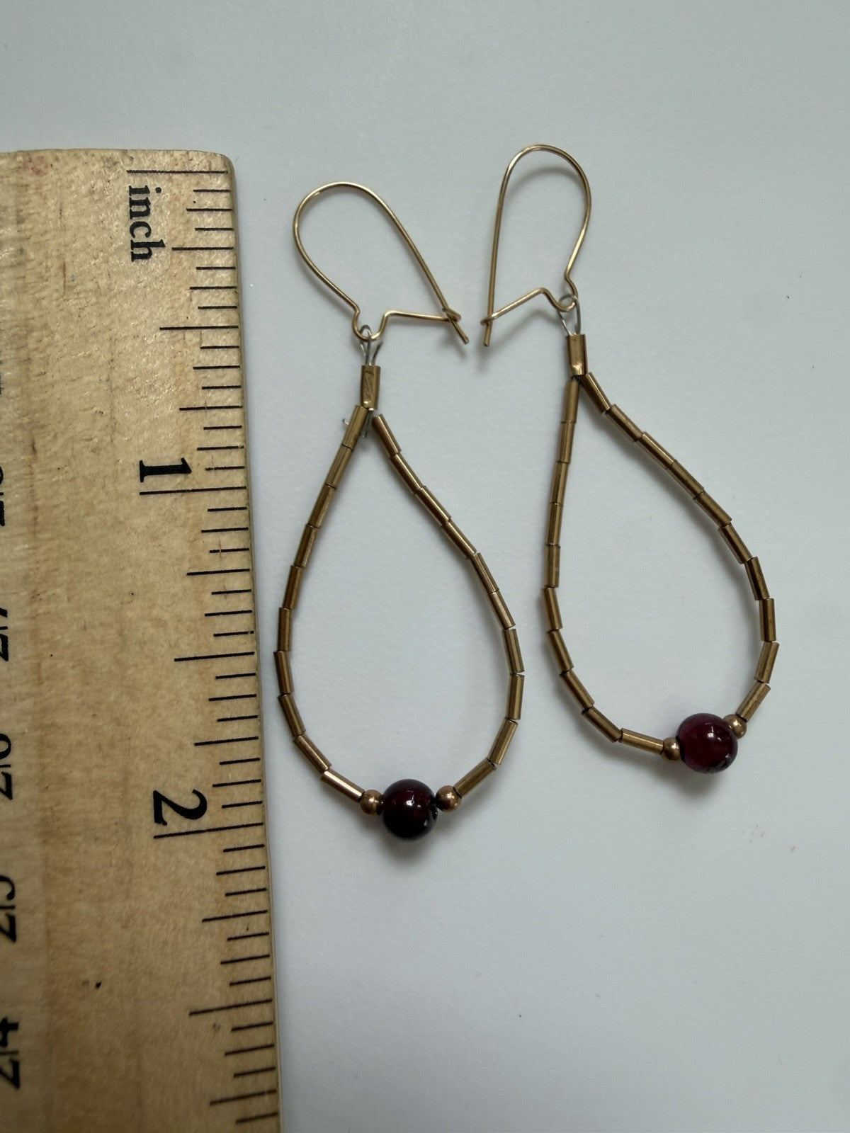 Vintage Gold Tone Garnet Bead Teardrop Dangle Earrings Navajo Liquid Metal Drop