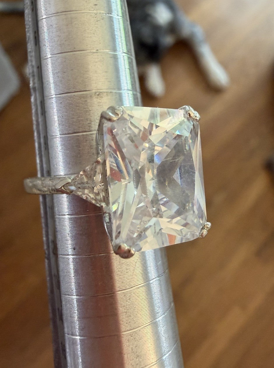 Sterling Silver 925 Ring with Large Clear Cushion Stone Statement Solitaire 5.25