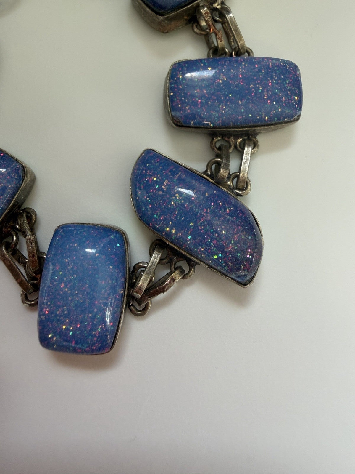 Gorgeous & Glittery Sterling Silver Bracelet Blue Australian (?) Opal Or Opalite