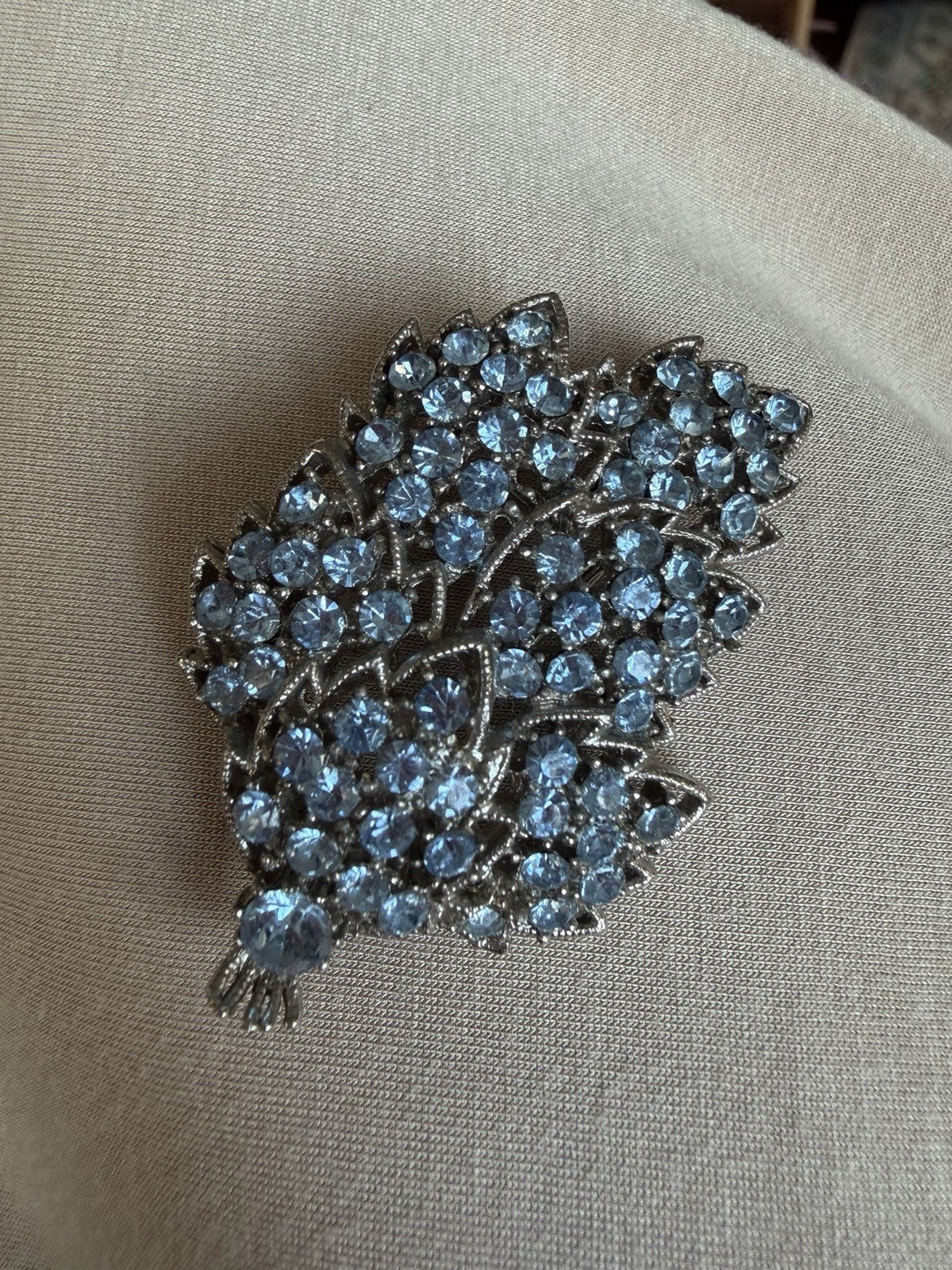 Aqua Blue Rhinestone Brooch Leaf Pin Silvertone with Marquise & Round Stones