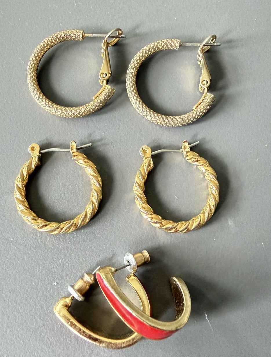 3 Pairs of Vintage Gold Tone Earrings, Hoops  Huggies Red Enamel Beautiful