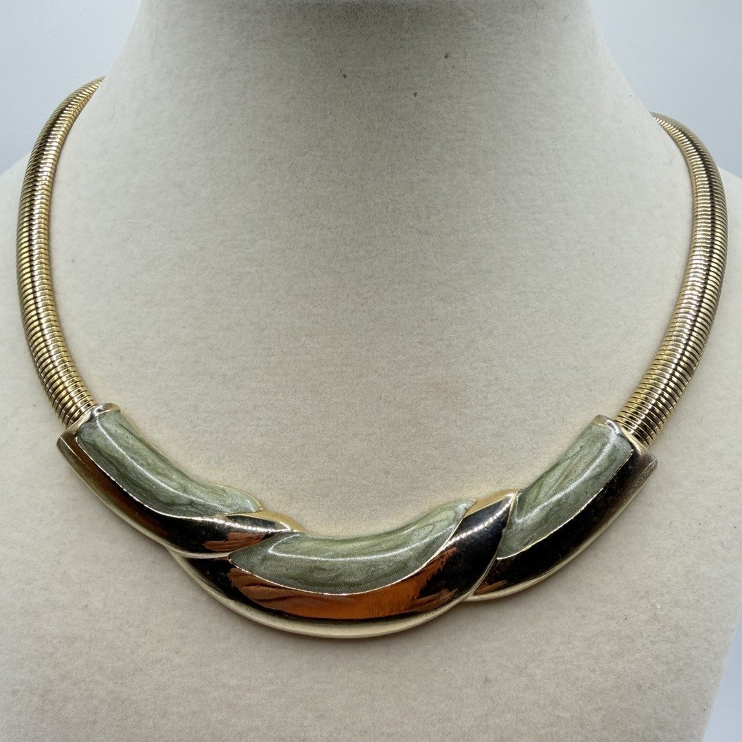 Green Gold Tone Omega Chain Necklace Enamel Swirl Regency Indie