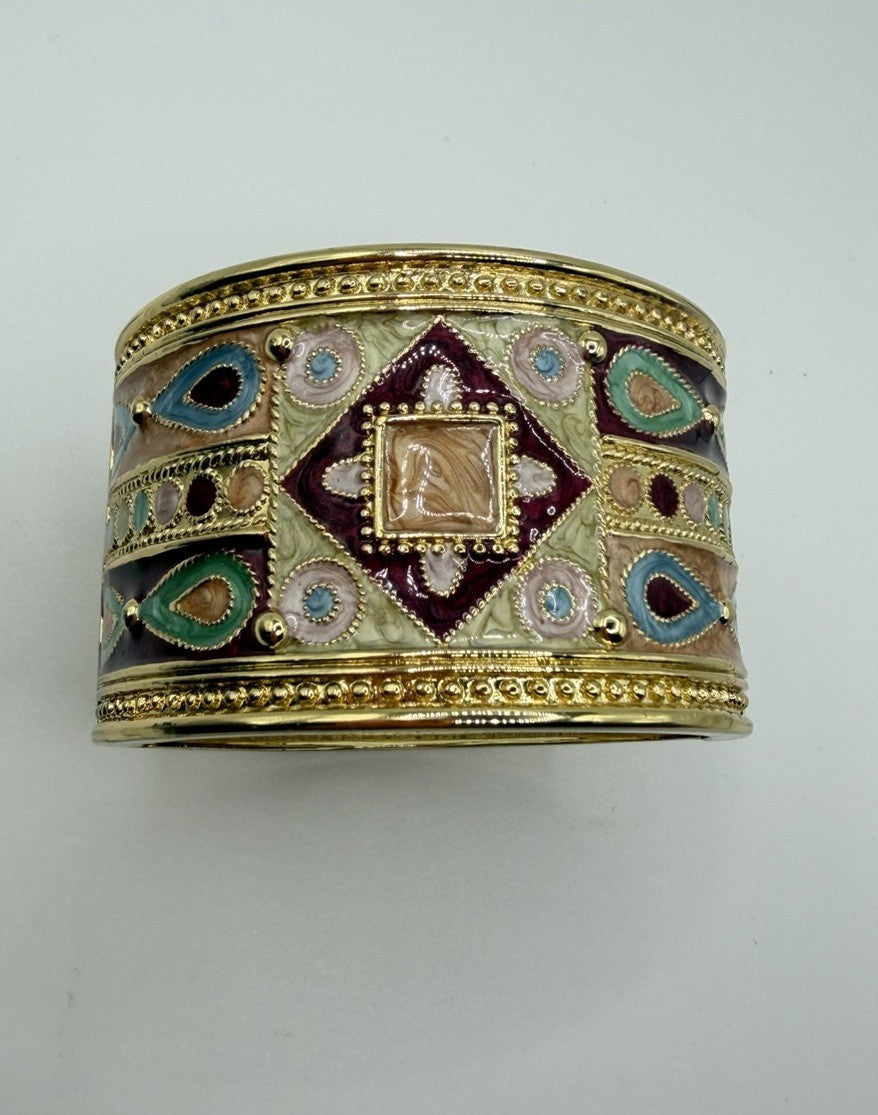 Egyptian Revival Big Bold Clamper 1980 Bracelet colorful enamel vintage gold tne
